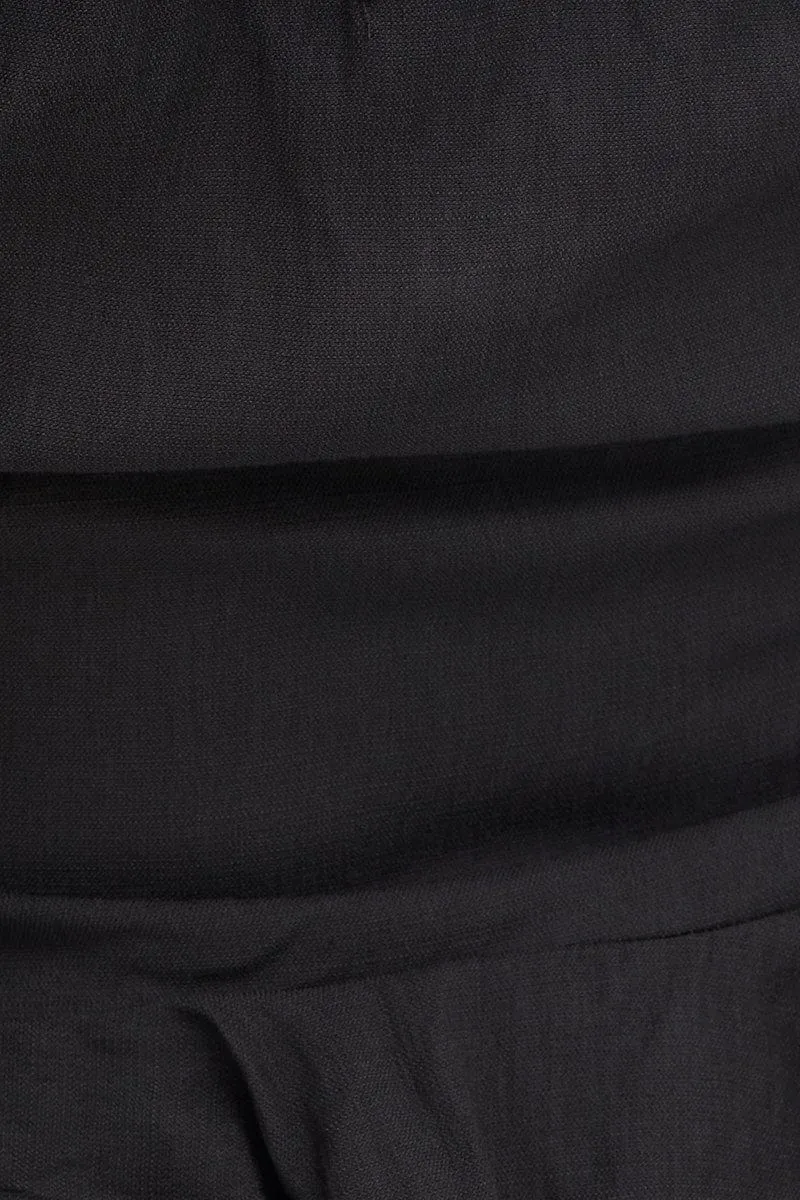 Black 3/4 Sleeves Ruched Front Ruffled Peplum Top