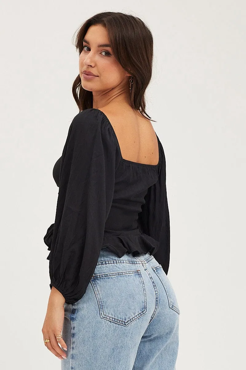 Black 3/4 Sleeves Ruched Front Ruffled Peplum Top