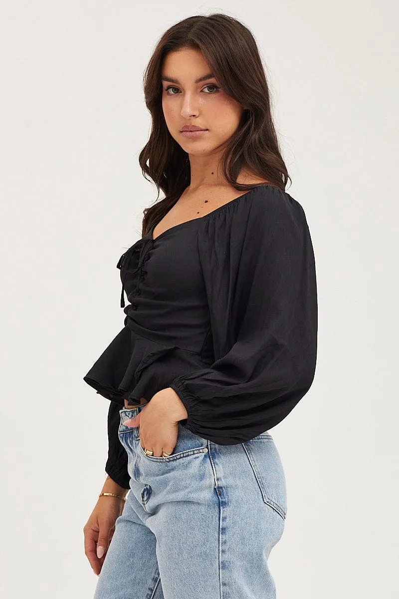 Black 3/4 Sleeves Ruched Front Ruffled Peplum Top