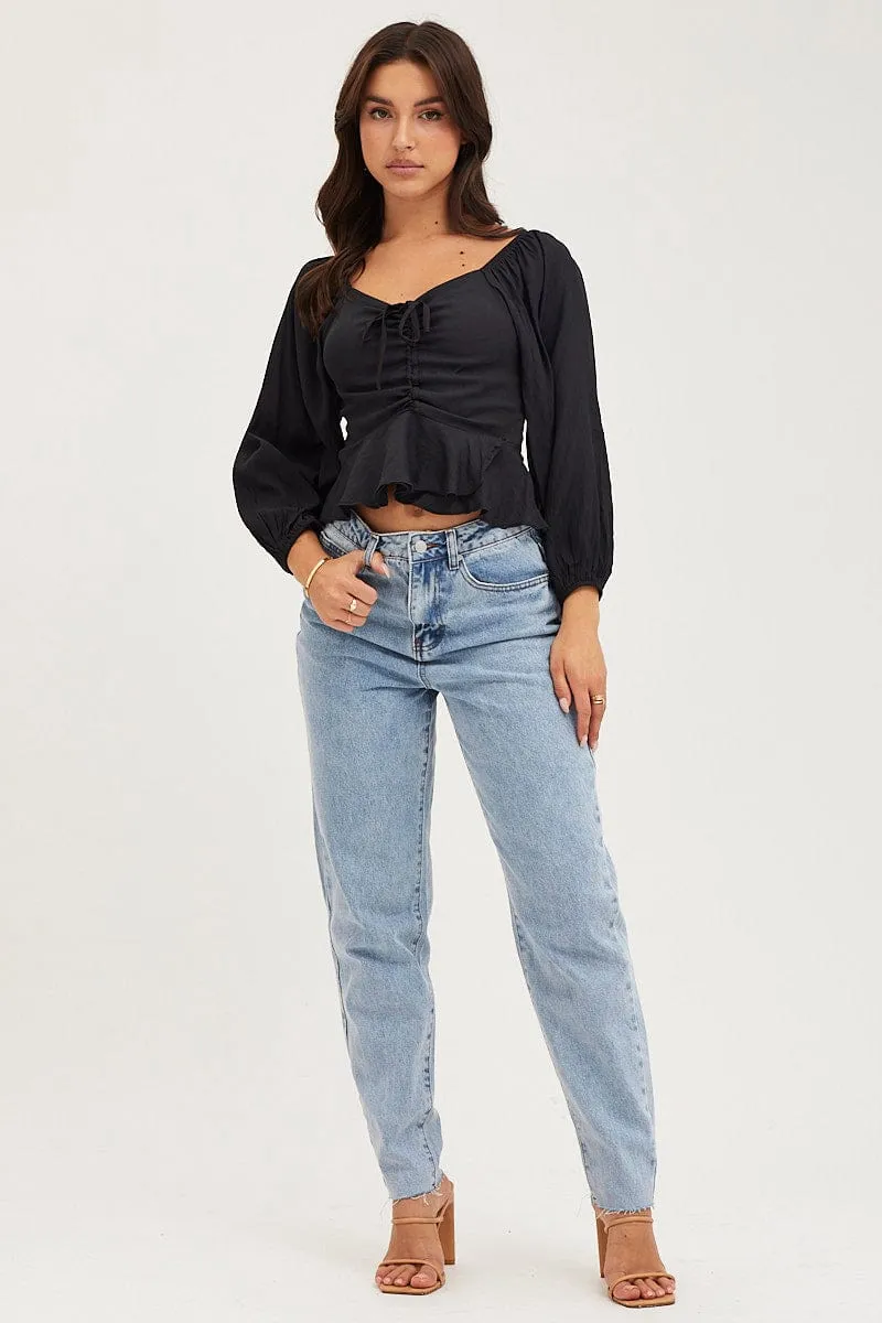 Black 3/4 Sleeves Ruched Front Ruffled Peplum Top