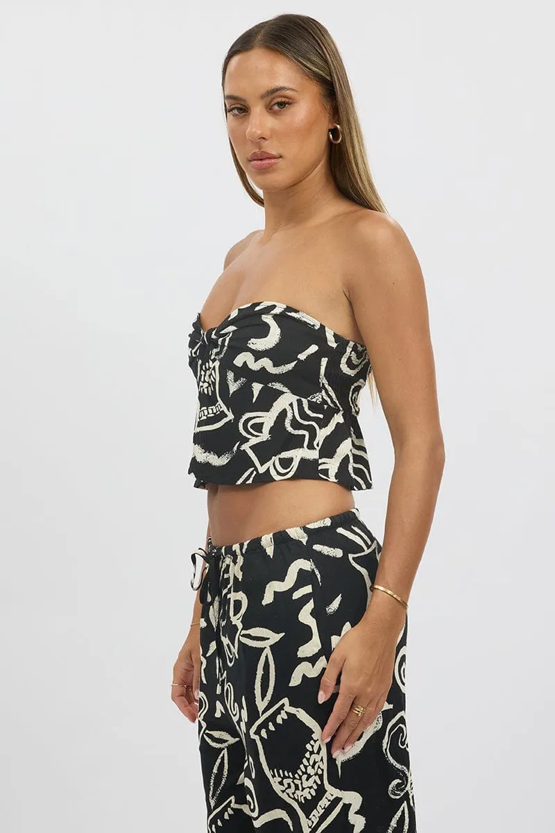 Black Abstract Strapless Top Twist Front Linen Blend