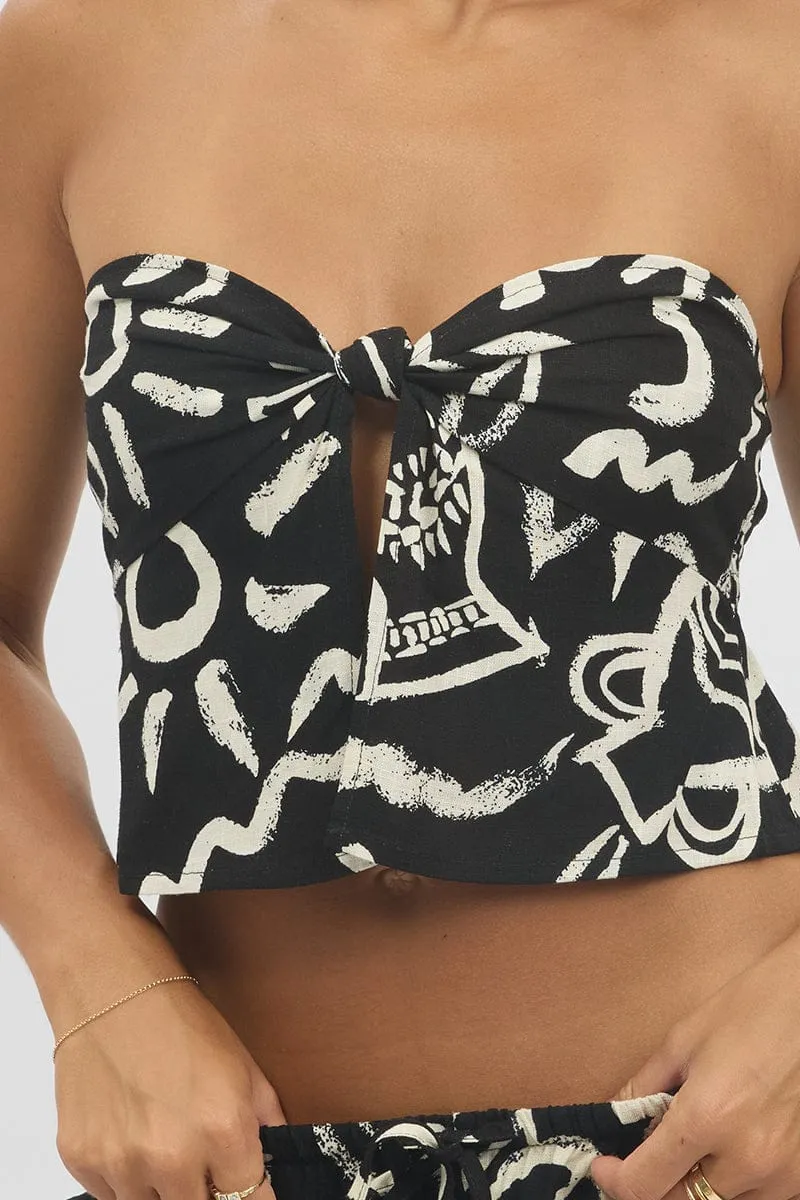 Black Abstract Strapless Top Twist Front Linen Blend