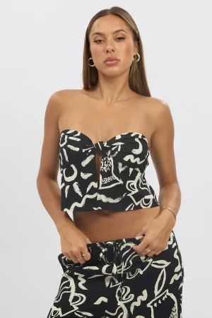 Black Abstract Strapless Top Twist Front Linen Blend