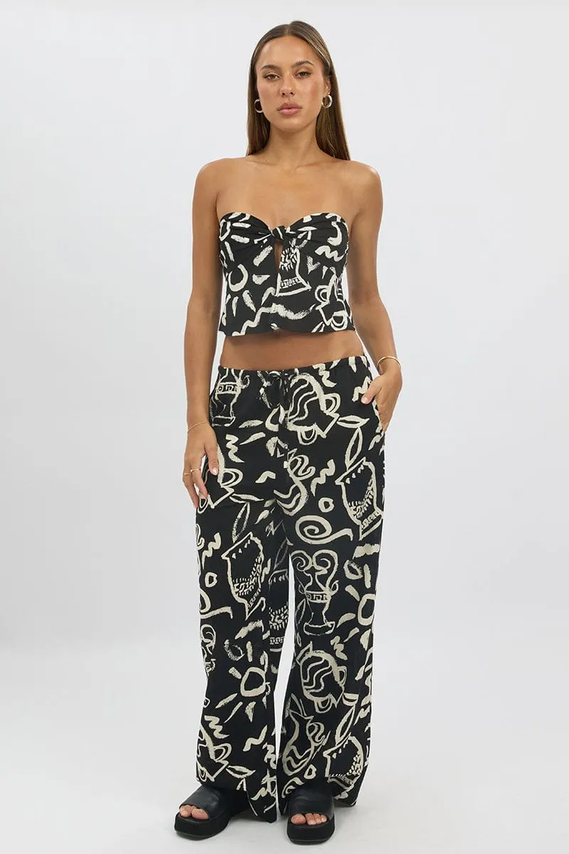 Black Abstract Strapless Top Twist Front Linen Blend