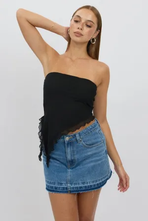 Black Bandeau Top Asymmetrical Ruffle Hem Mesh
