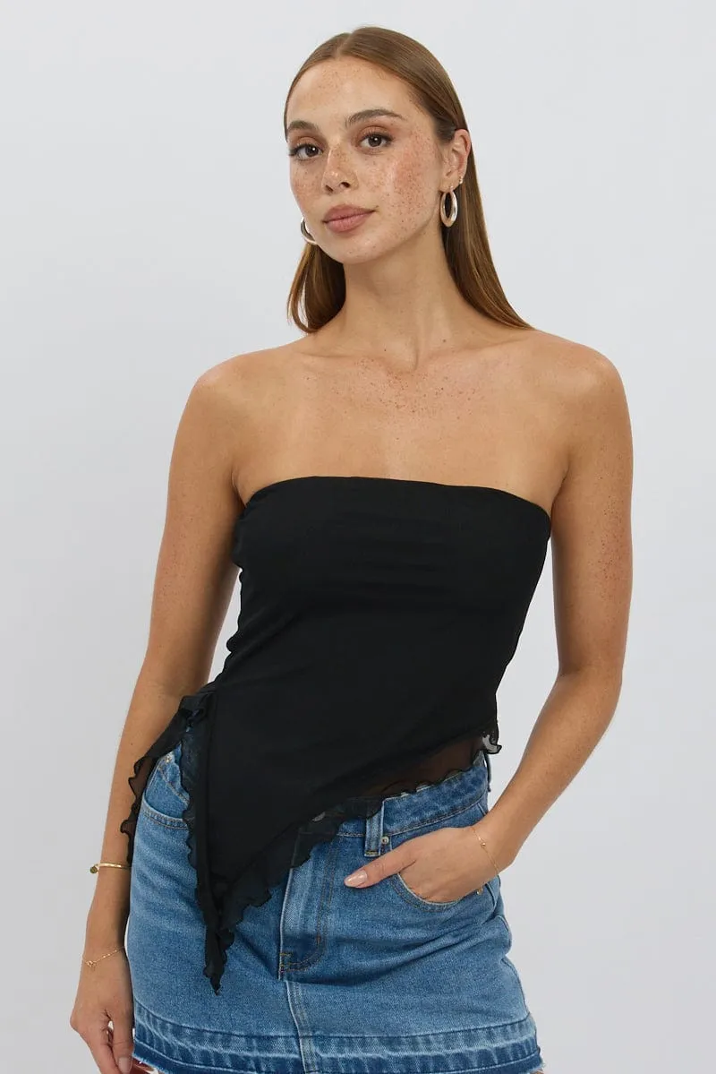 Black Bandeau Top Asymmetrical Ruffle Hem Mesh