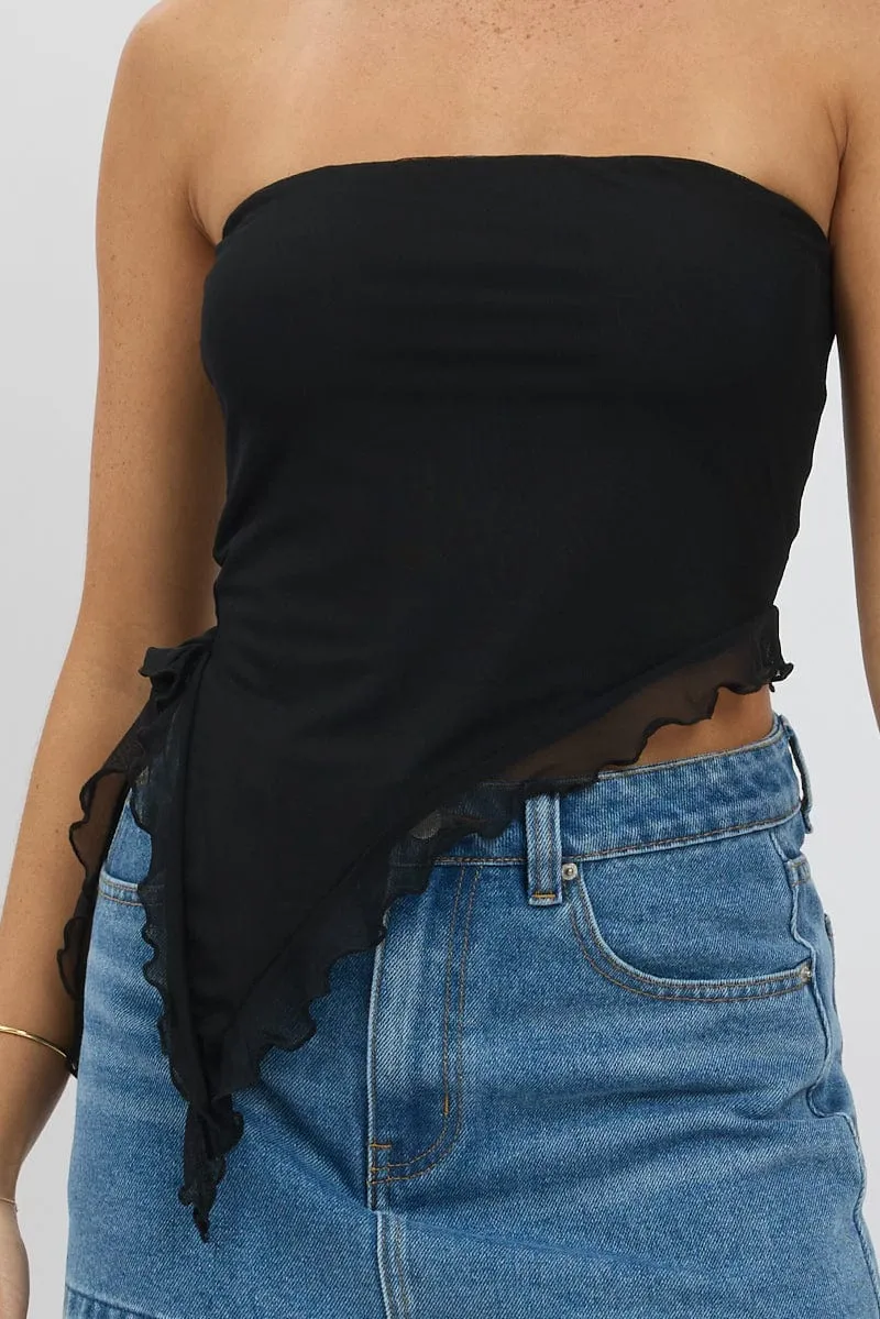 Black Bandeau Top Asymmetrical Ruffle Hem Mesh