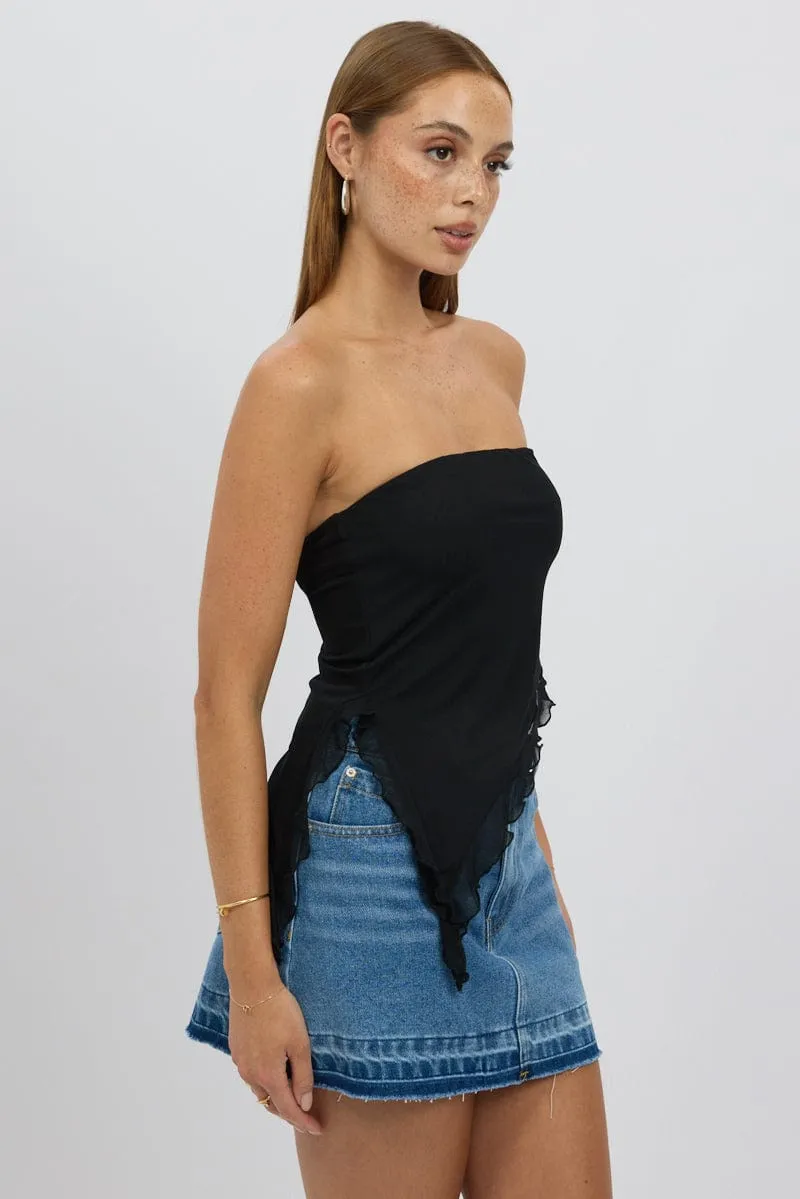 Black Bandeau Top Asymmetrical Ruffle Hem Mesh
