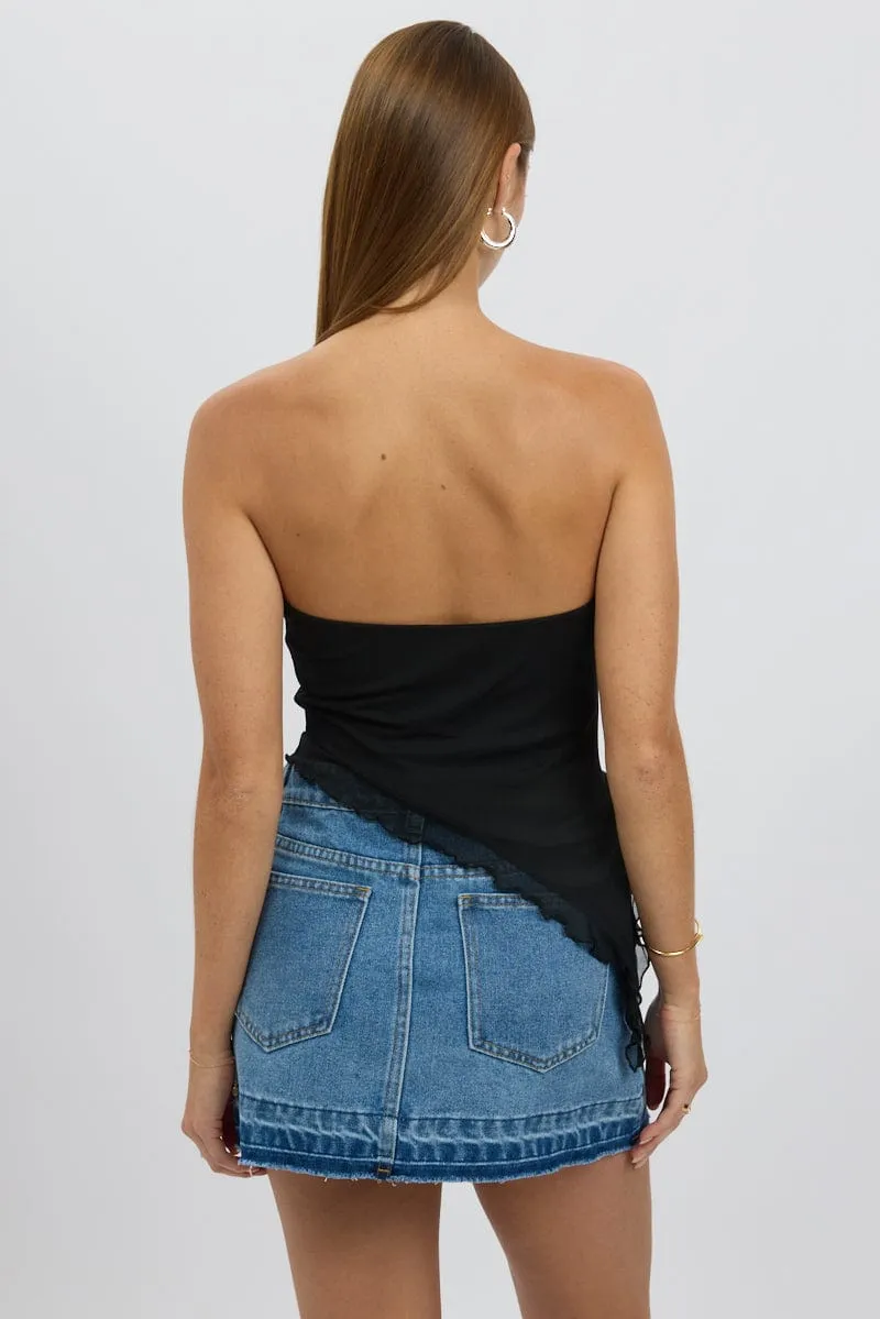 Black Bandeau Top Asymmetrical Ruffle Hem Mesh