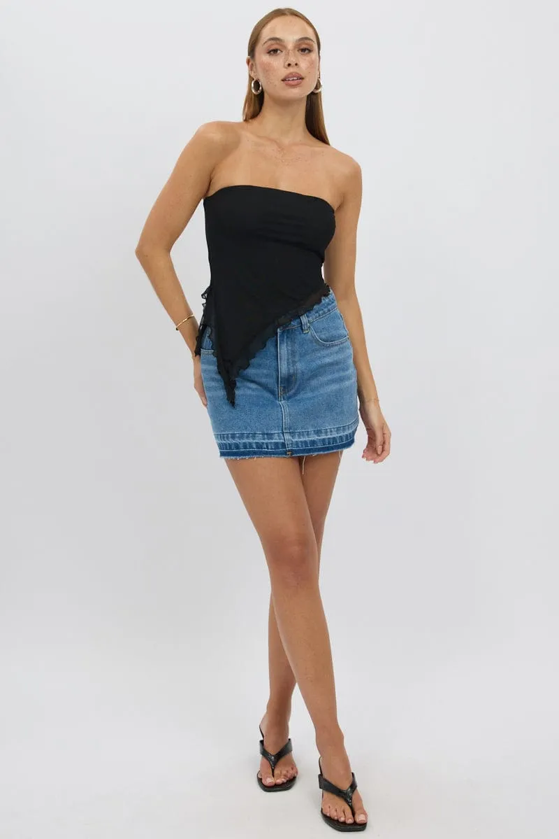 Black Bandeau Top Asymmetrical Ruffle Hem Mesh