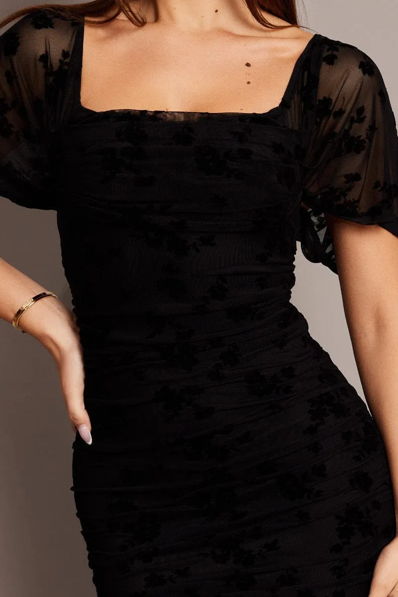 Black Bodycon Dress Mesh Burnout