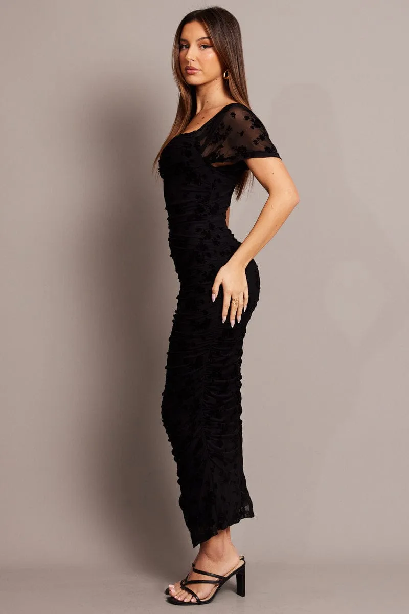Black Bodycon Dress Mesh Burnout