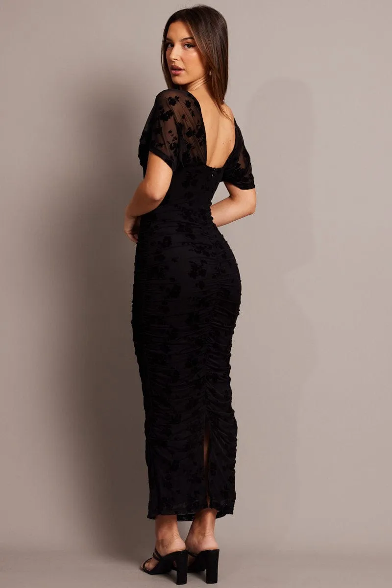 Black Bodycon Dress Mesh Burnout