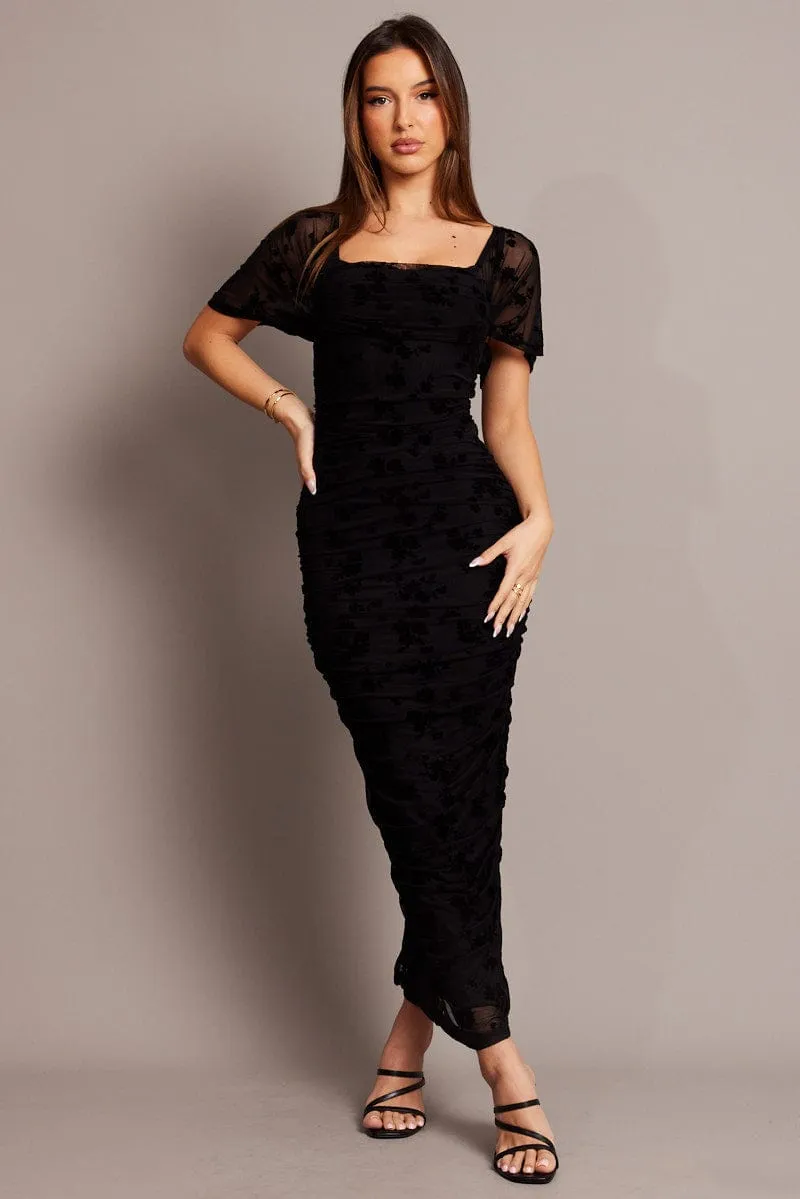 Black Bodycon Dress Mesh Burnout
