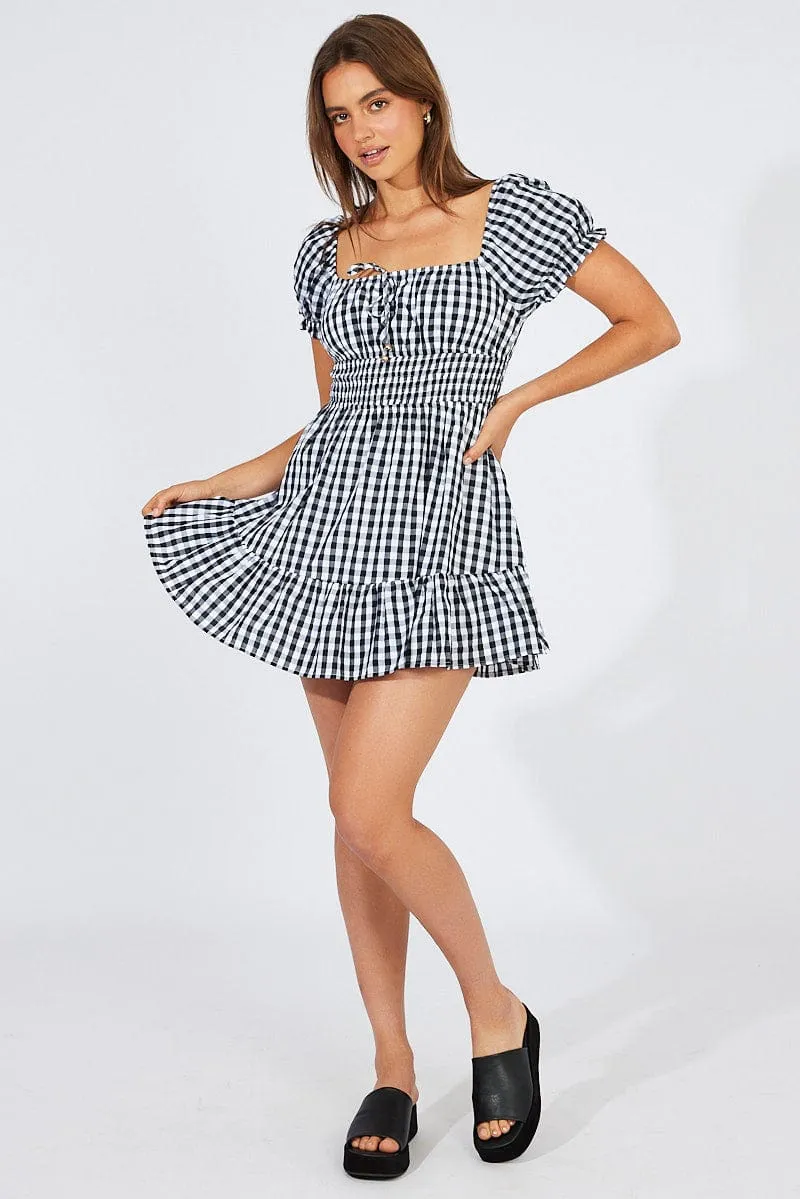 Black Check Fit And Flare Dress Puff Sleeve Mini