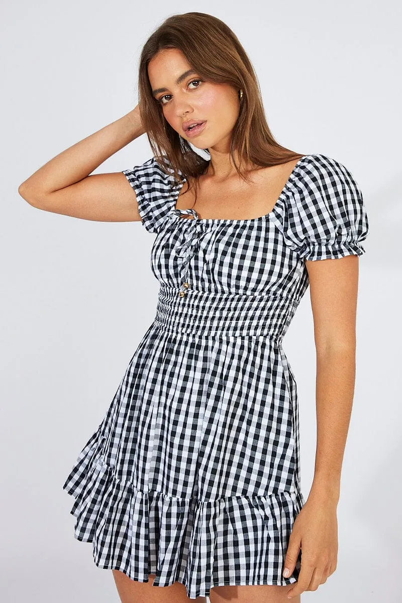 Black Check Fit And Flare Dress Puff Sleeve Mini