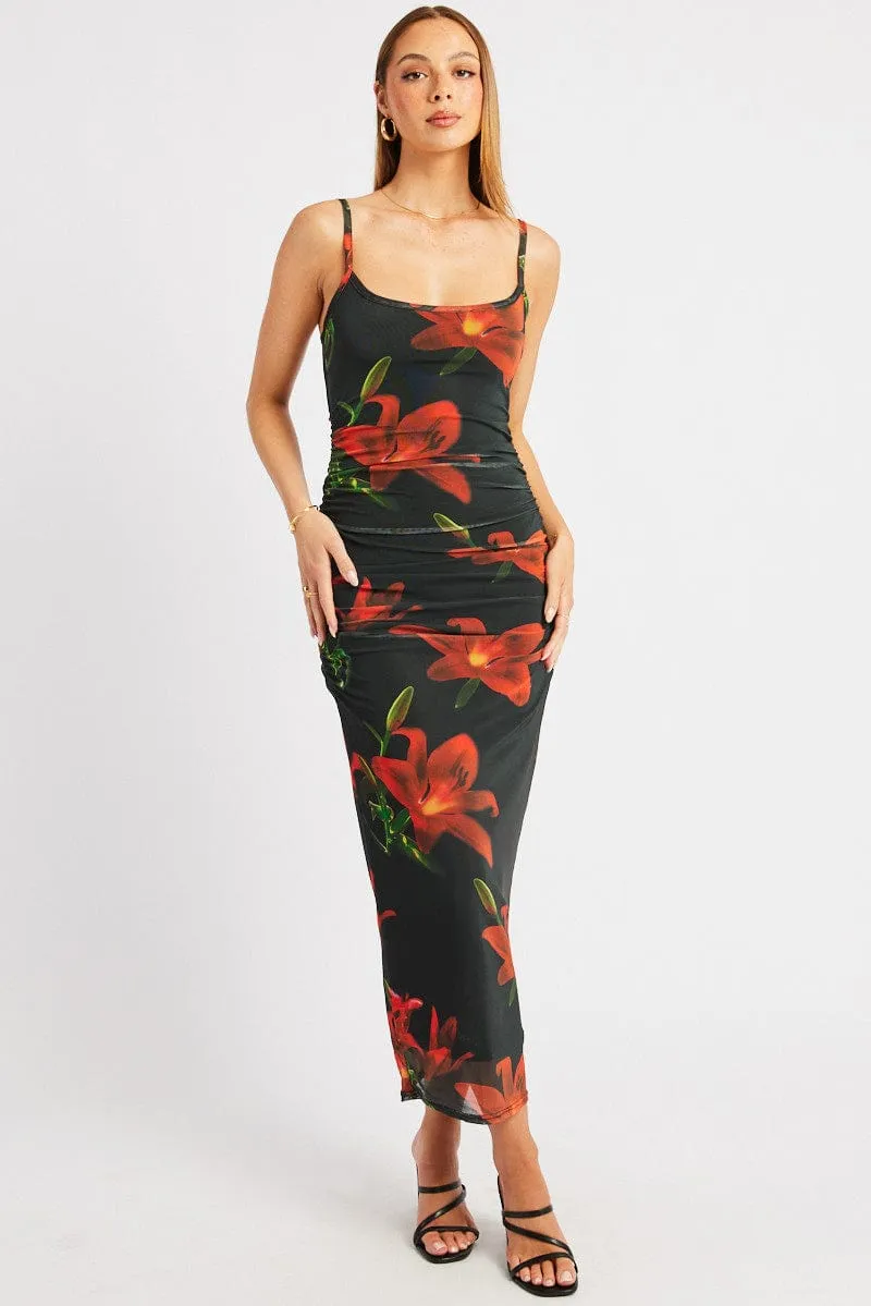 Black Floral Bodycon Dress Singlet Mesh