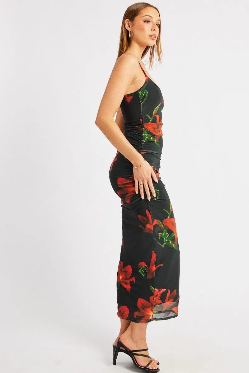 Black Floral Bodycon Dress Singlet Mesh