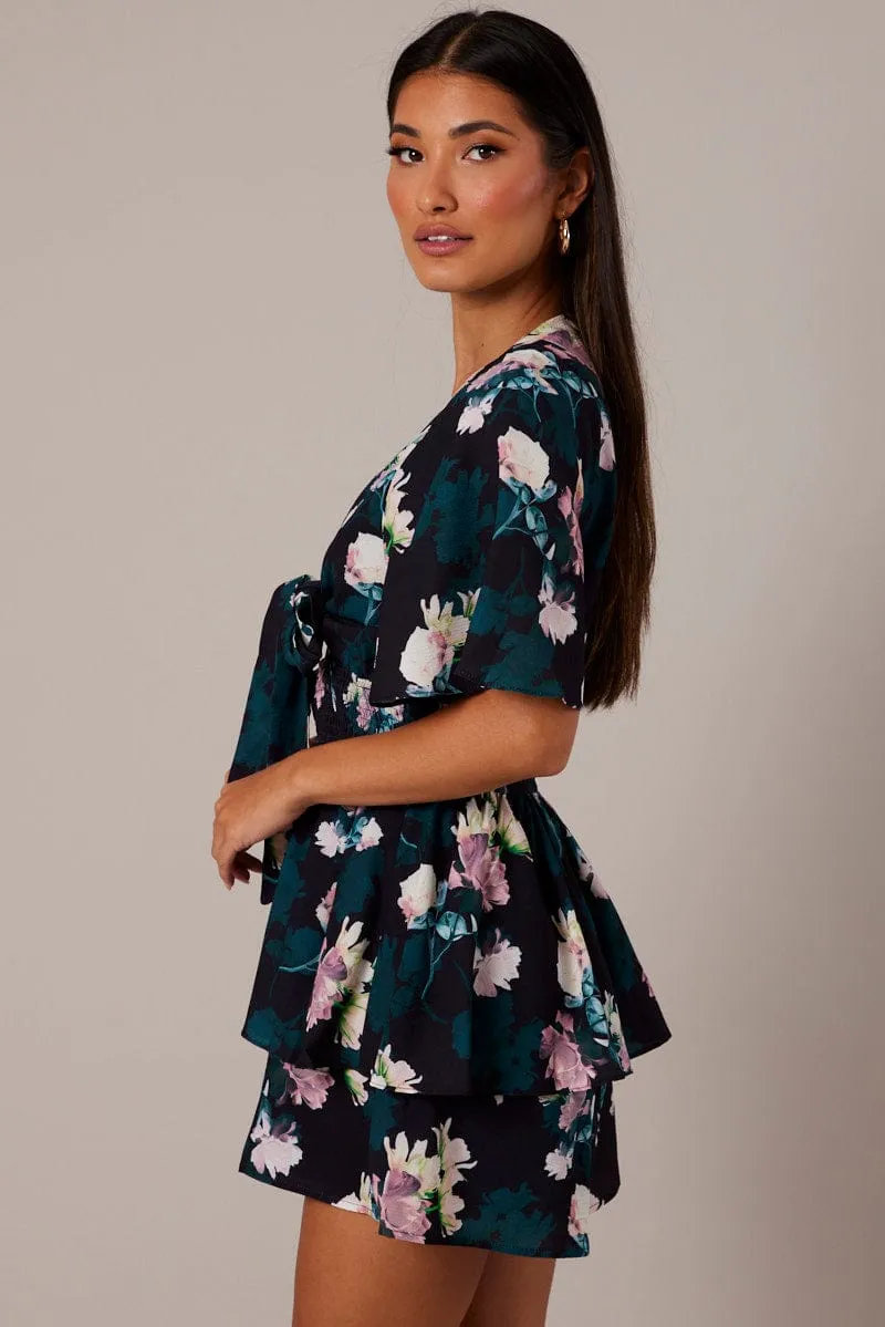 Black Floral Fit And Flare Playsuit