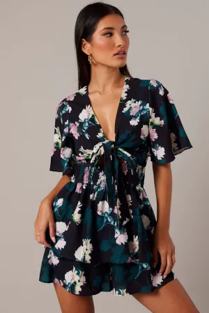 Black Floral Fit And Flare Playsuit