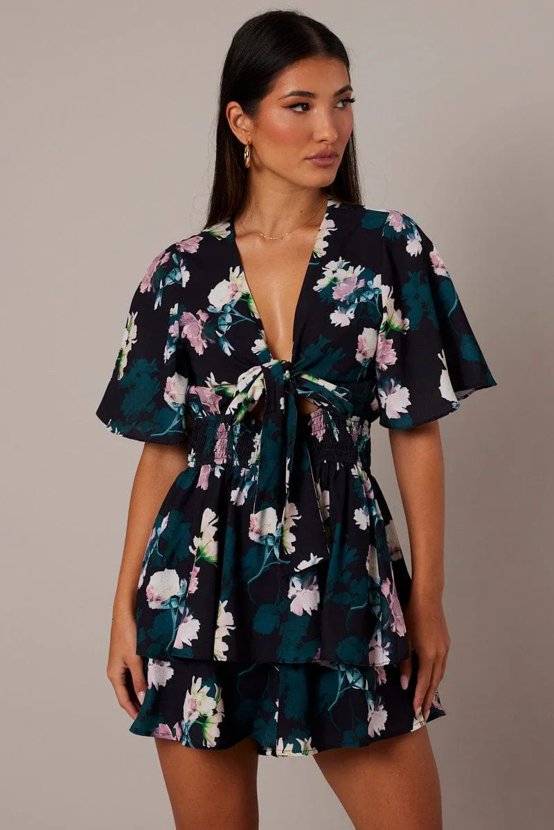 Black Floral Fit And Flare Playsuit