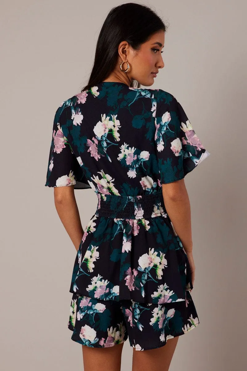 Black Floral Fit And Flare Playsuit