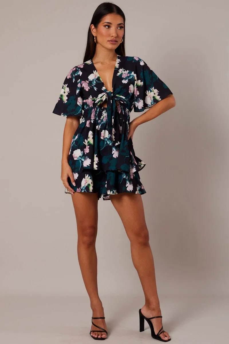 Black Floral Fit And Flare Playsuit