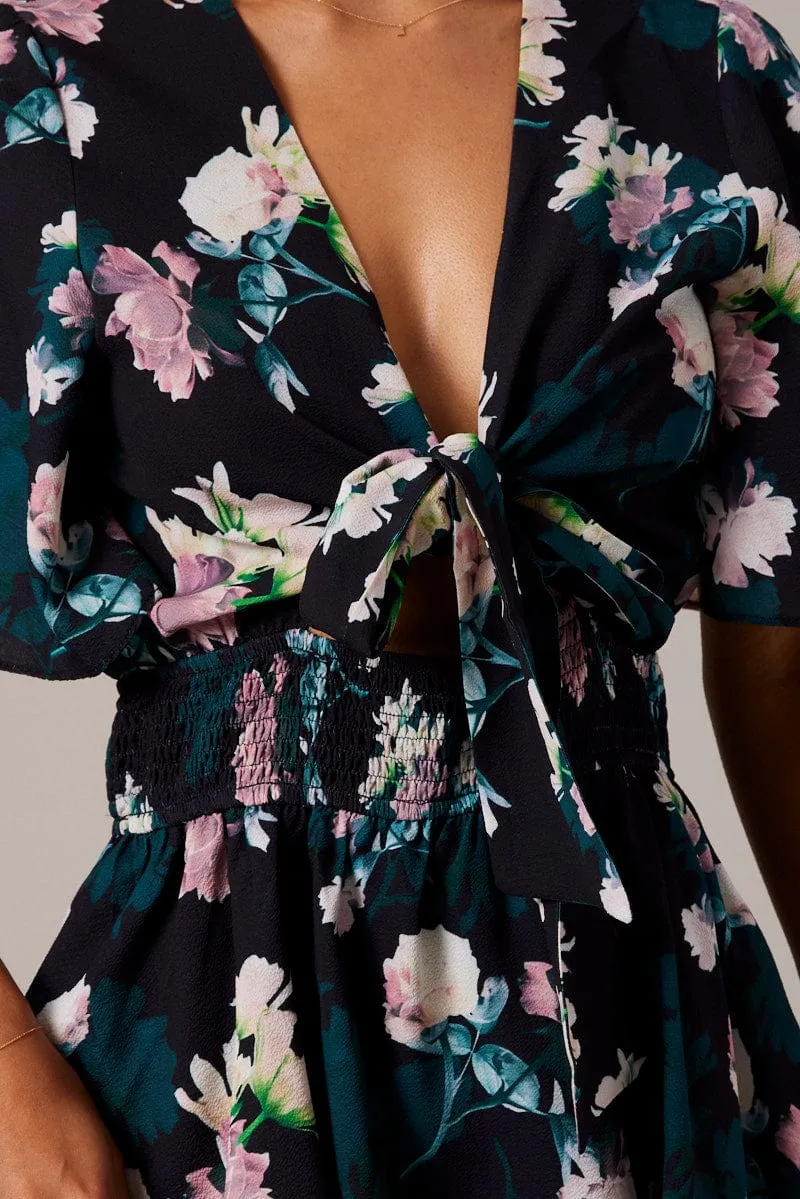 Black Floral Fit And Flare Playsuit