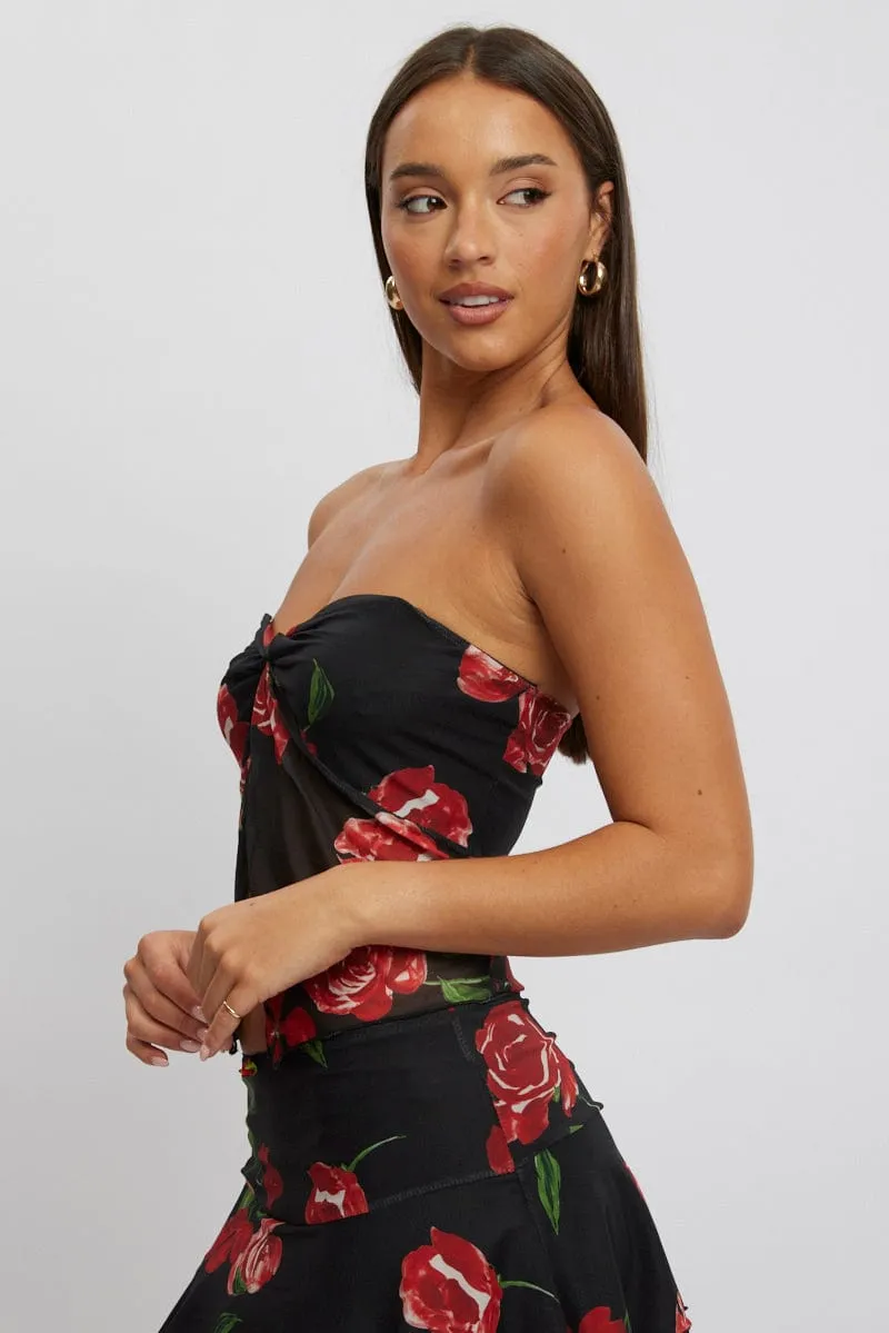 Black Floral Twisted Bandeau Top Mesh