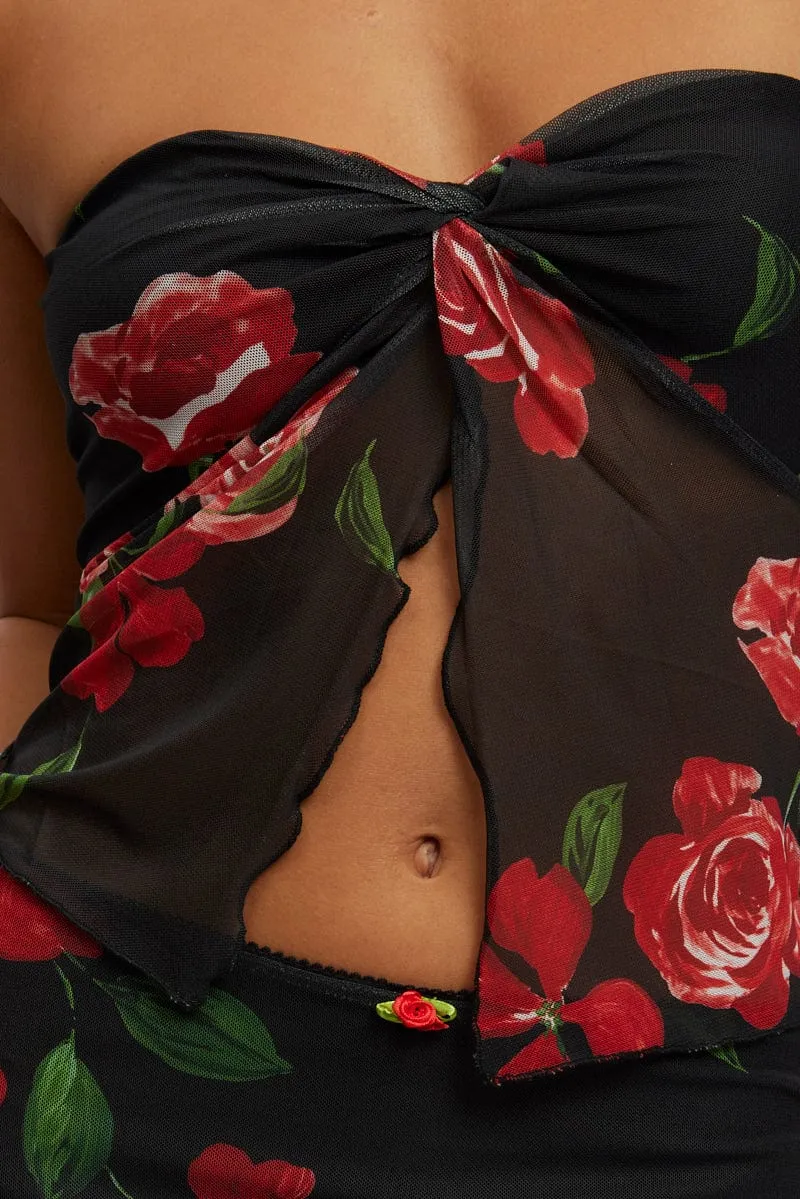 Black Floral Twisted Bandeau Top Mesh