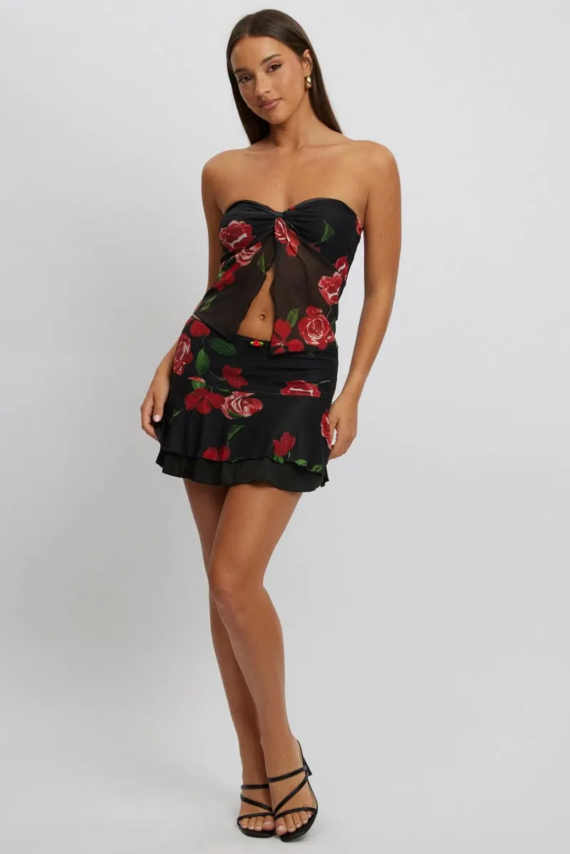 Black Floral Twisted Bandeau Top Mesh