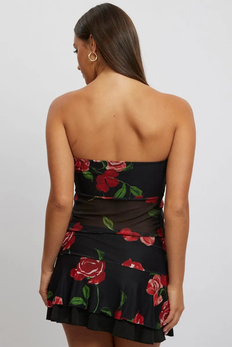 Black Floral Twisted Bandeau Top Mesh