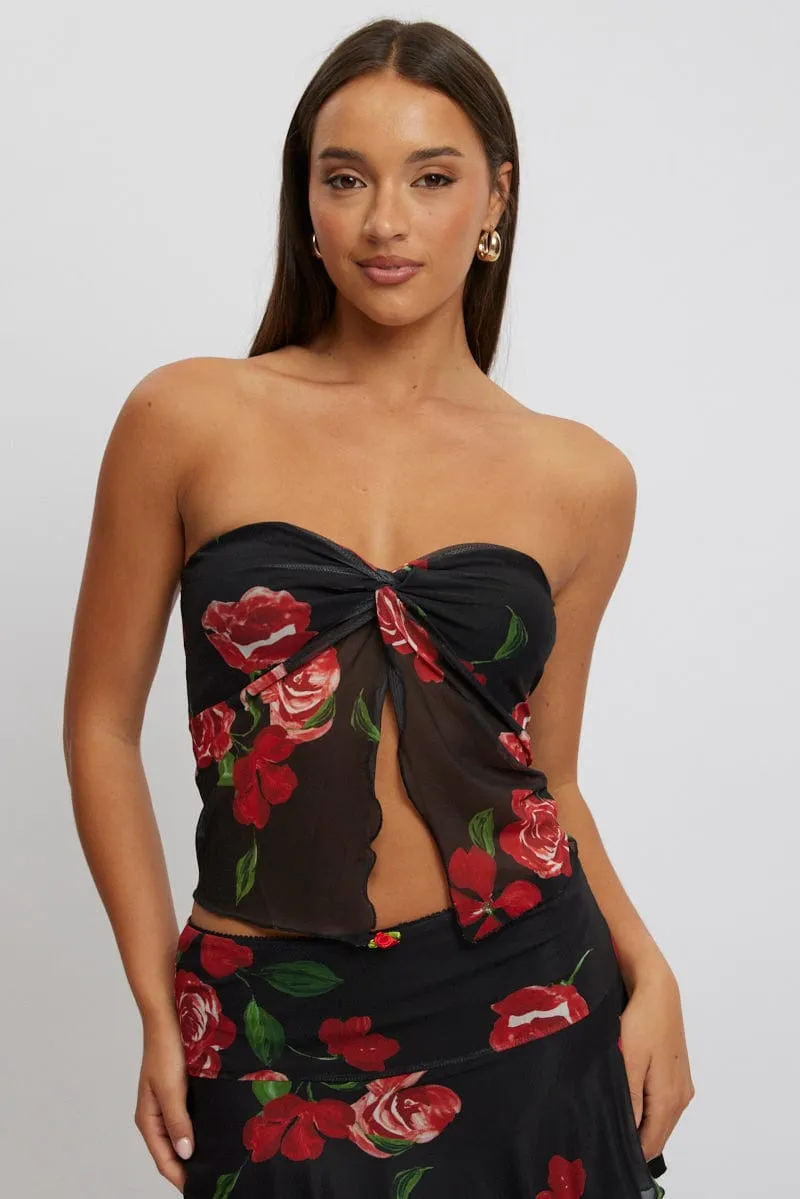Black Floral Twisted Bandeau Top Mesh