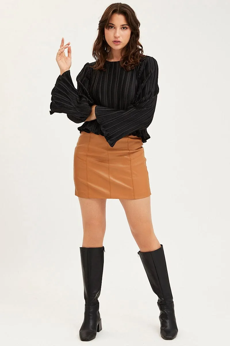 Black Plisse Top Long Sleeve