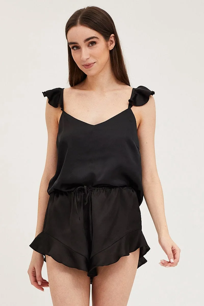 Black Satin Pajamas Set Sleeveless