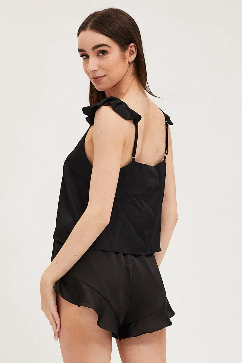 Black Satin Pajamas Set Sleeveless