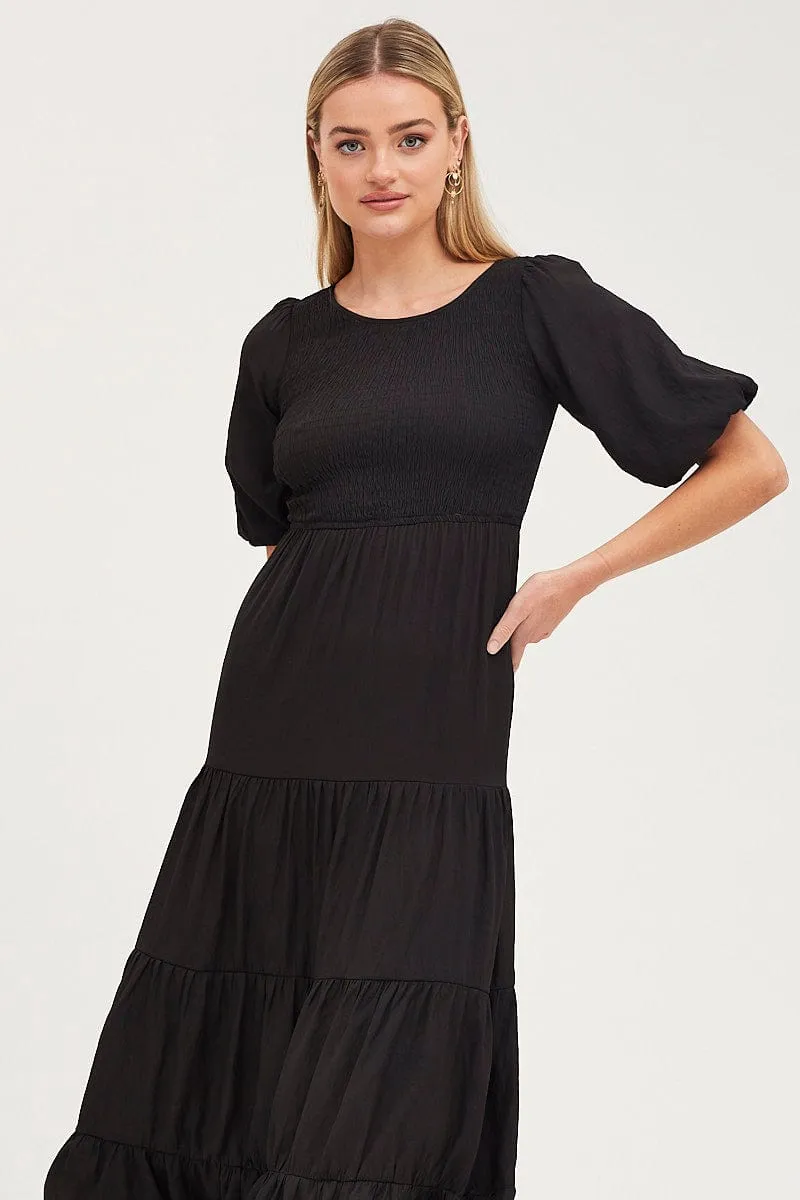 Black Shirred Dress Short Sleeve Maxi
