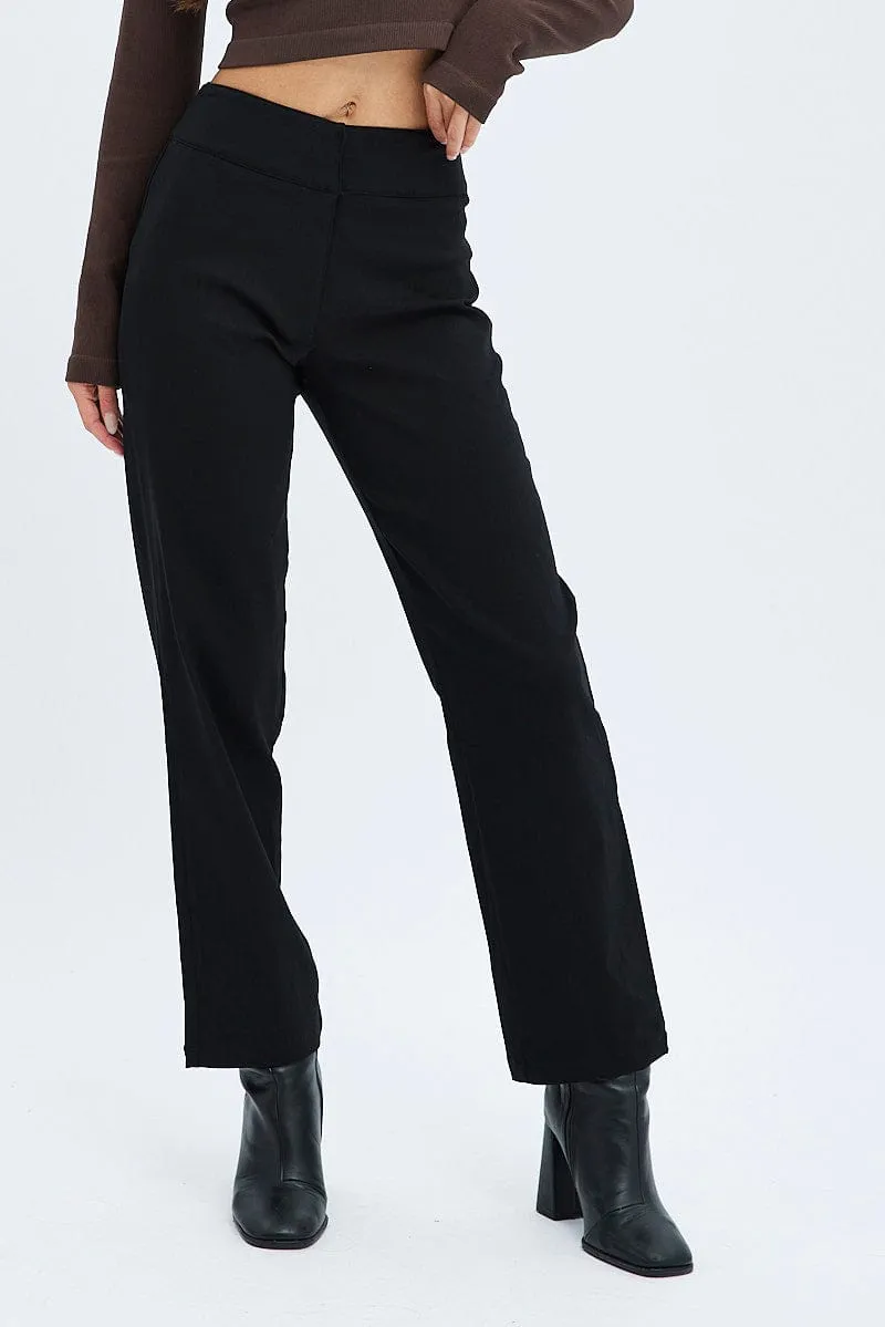 Black Straight Fit Pants Mid Rise