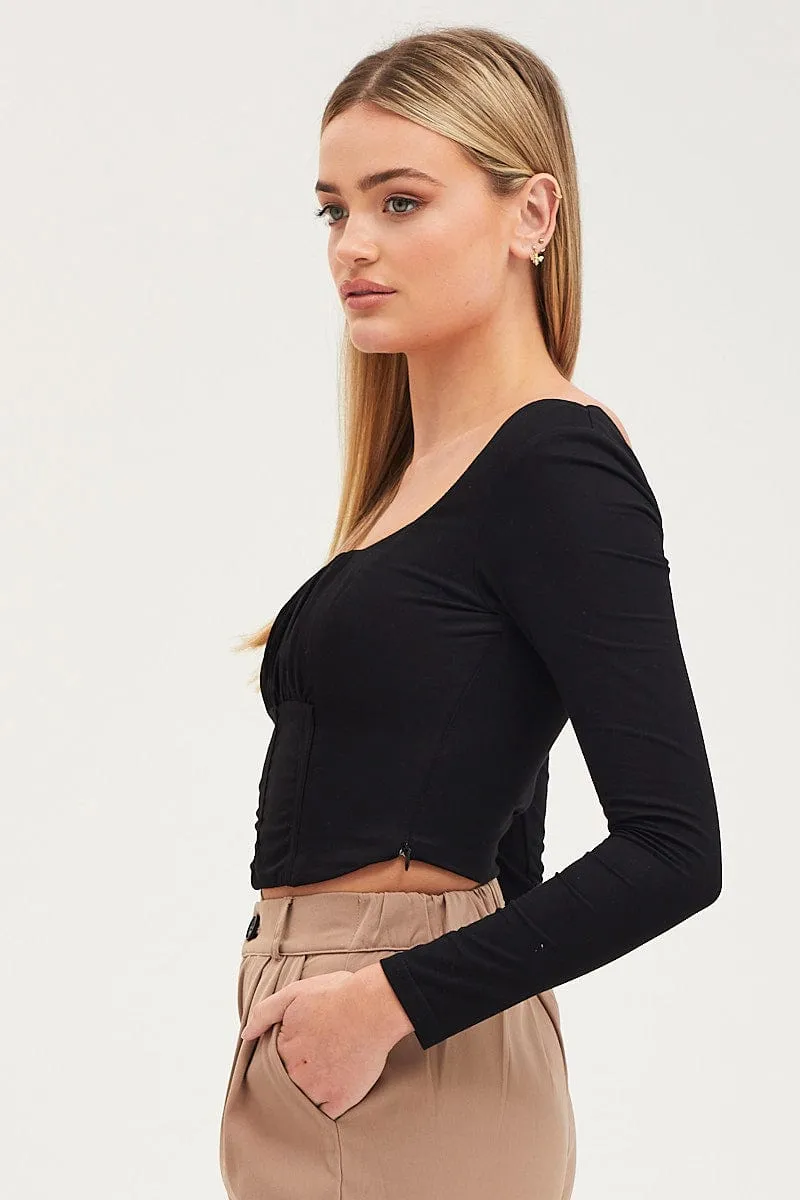 Black Top Long Sleeve Gathered Bust