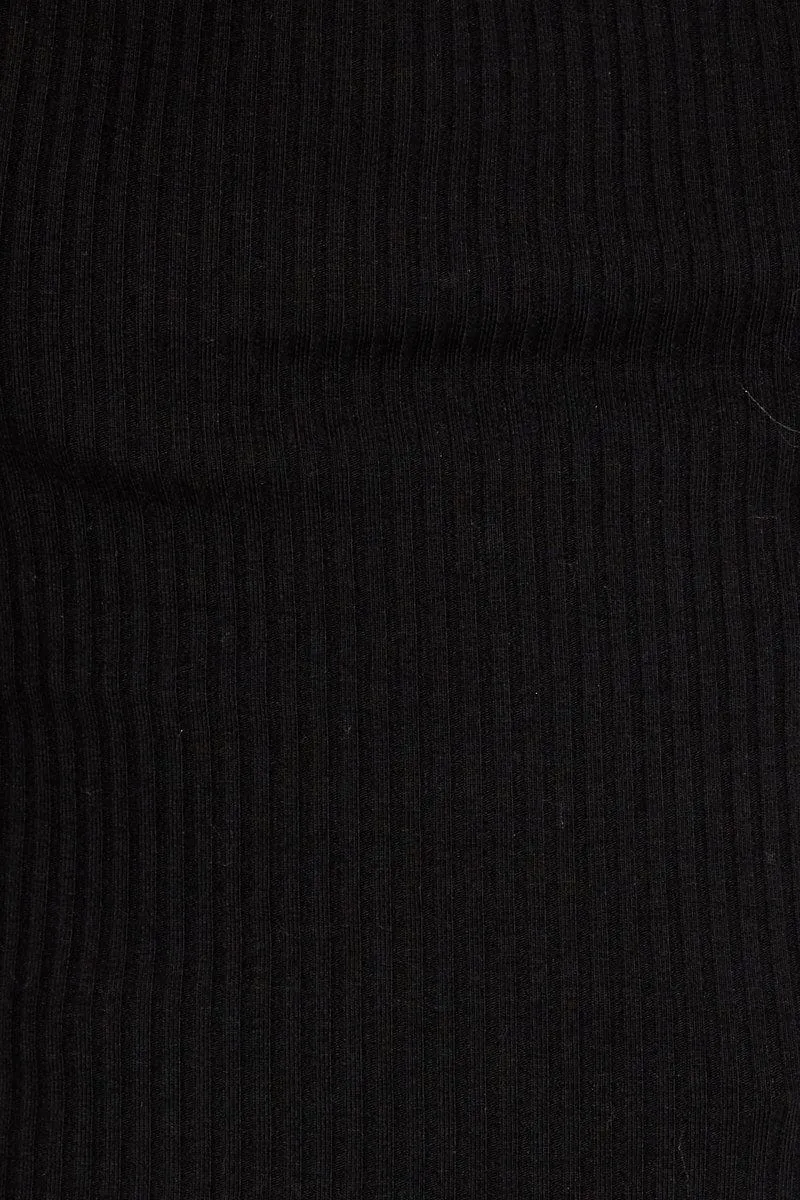 Black Top Short Sleeve Mock Neck Keyhole Longline Rib