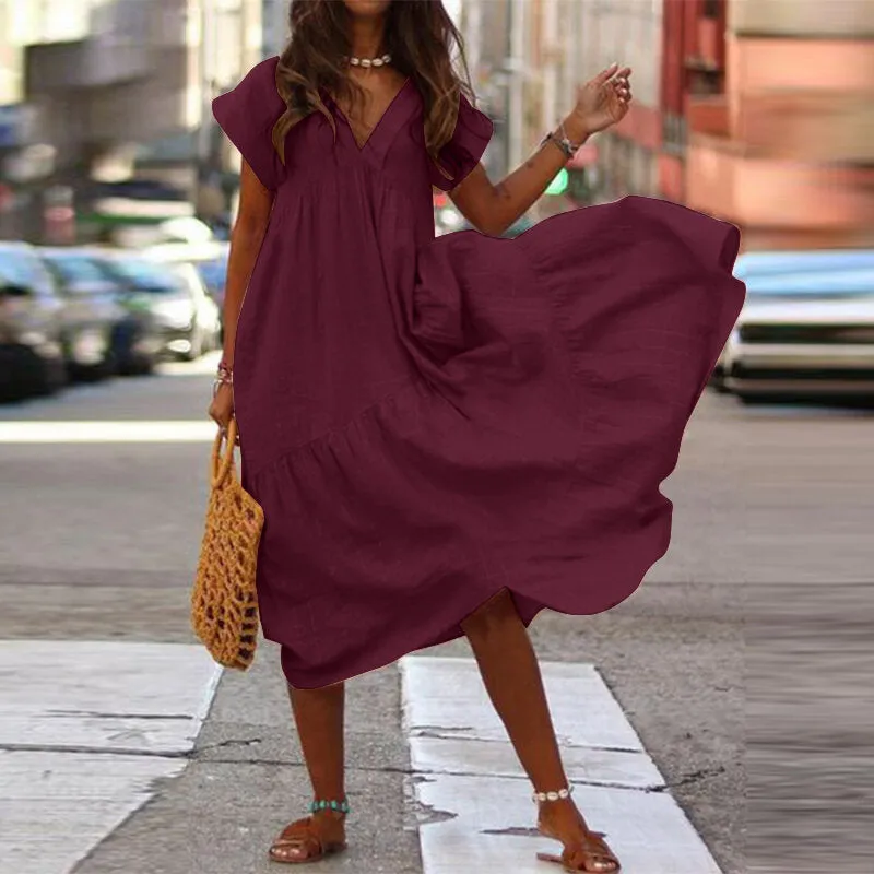 Black V-Neck Dress 100% Cotton Casual