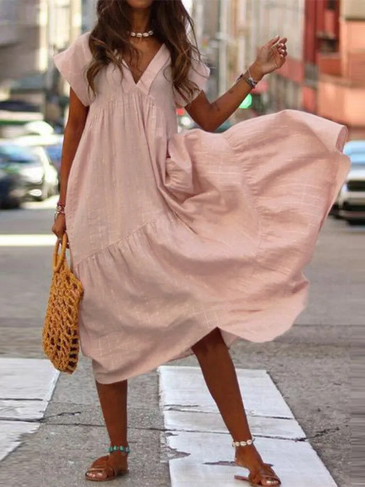 Black V-Neck Dress 100% Cotton Casual