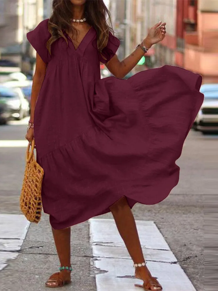 Black V-Neck Dress 100% Cotton Casual