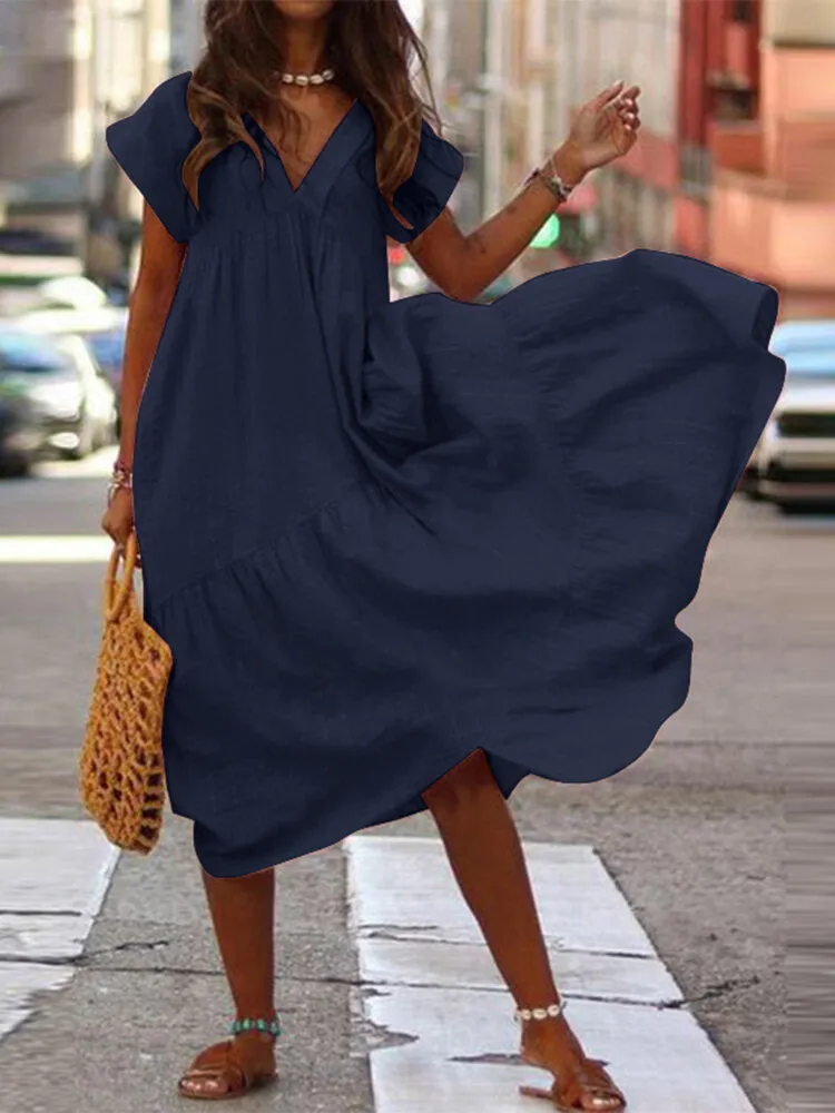 Black V-Neck Dress 100% Cotton Casual