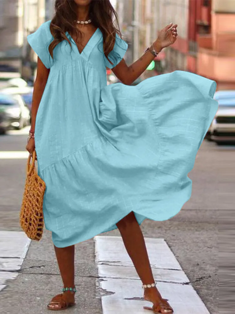 Black V-Neck Dress 100% Cotton Casual