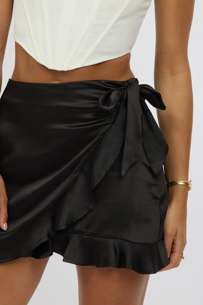 Black Wrap Skirt High Waisted Mini Ruffle Satin