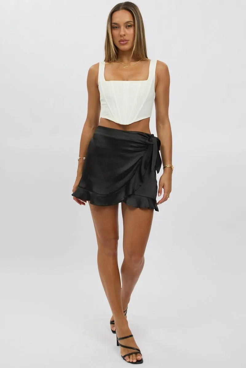 Black Wrap Skirt High Waisted Mini Ruffle Satin
