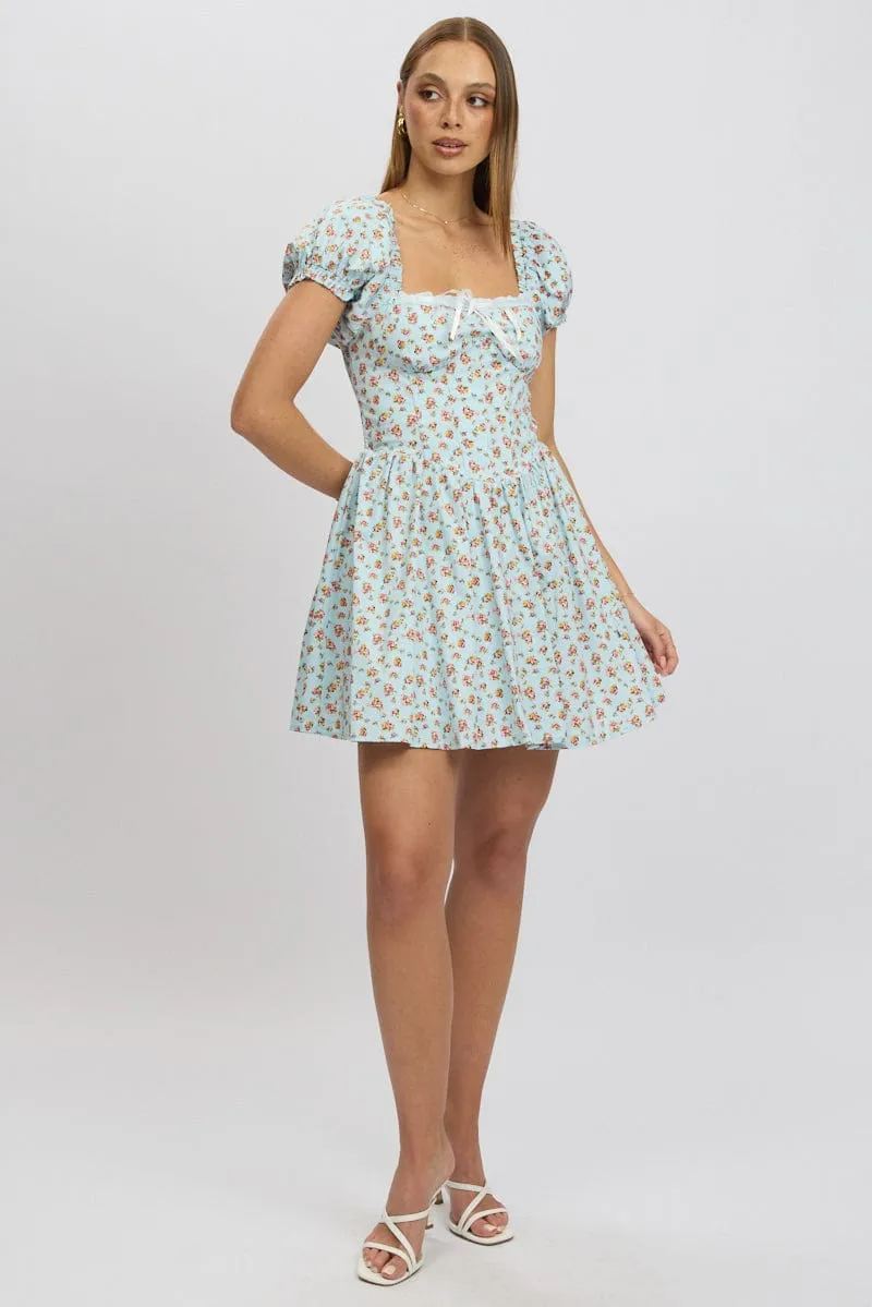 Blue Ditsy Fit And Flare Dress Corset Detail Mini