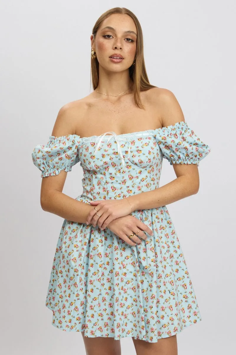 Blue Ditsy Fit And Flare Dress Corset Detail Mini