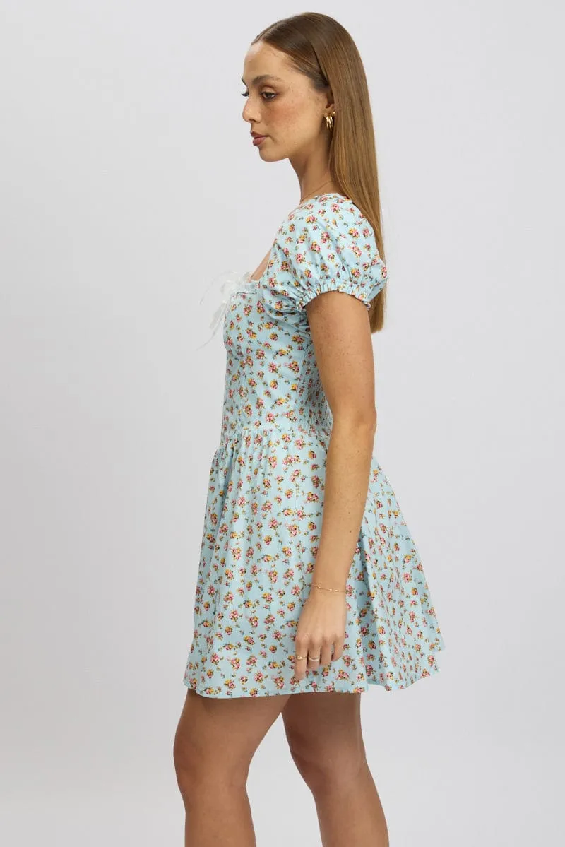 Blue Ditsy Fit And Flare Dress Corset Detail Mini